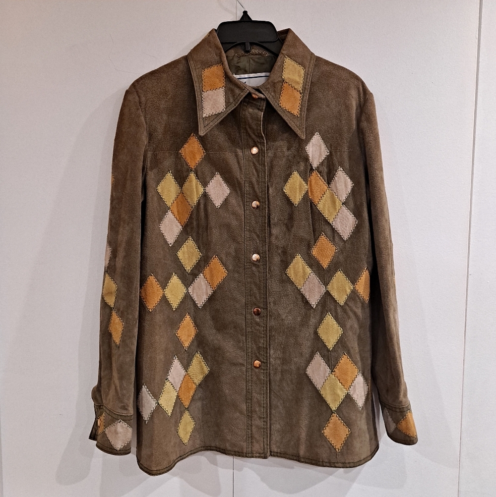 Shayne Womens VTG 70's  Olive Suede Patchwork Boho Y2K 16 Shacket "Read Flaws"